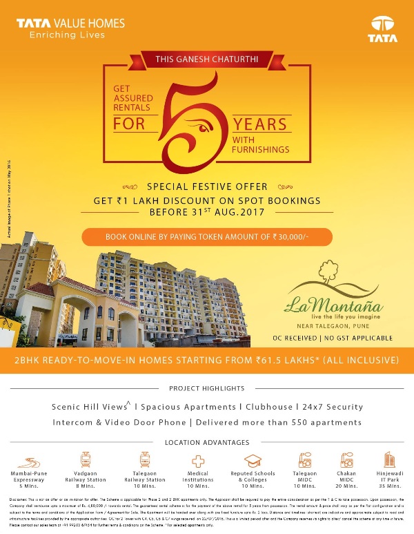 Tata La Montana offers 2 BHK ready to move homes @ 61.5 lacs with assured rentals Update